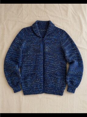 Handmade Knit Full Zip Shawl Collar Sweater Men L Chunky Blue Grandpa Coastal